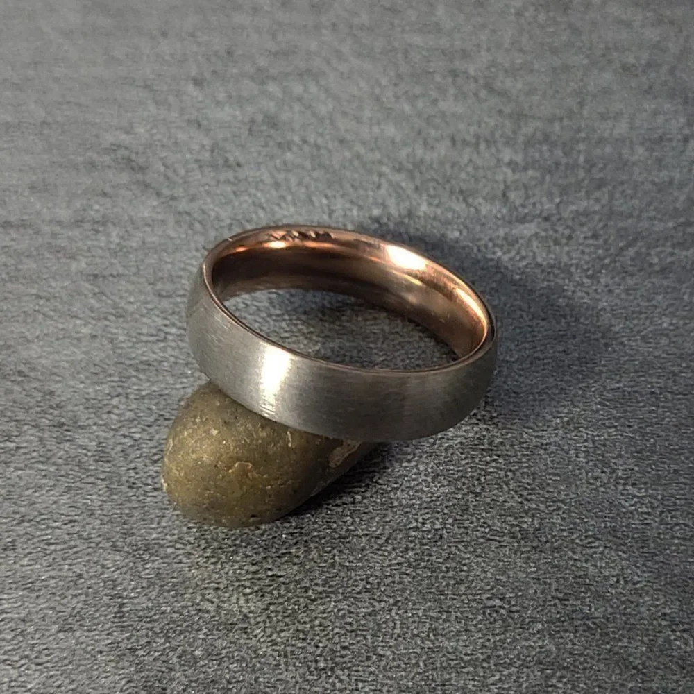 Engraved Mens Real Rose Gold & Silver Titanium Wedding Ring 14k Rose Gold Coated
